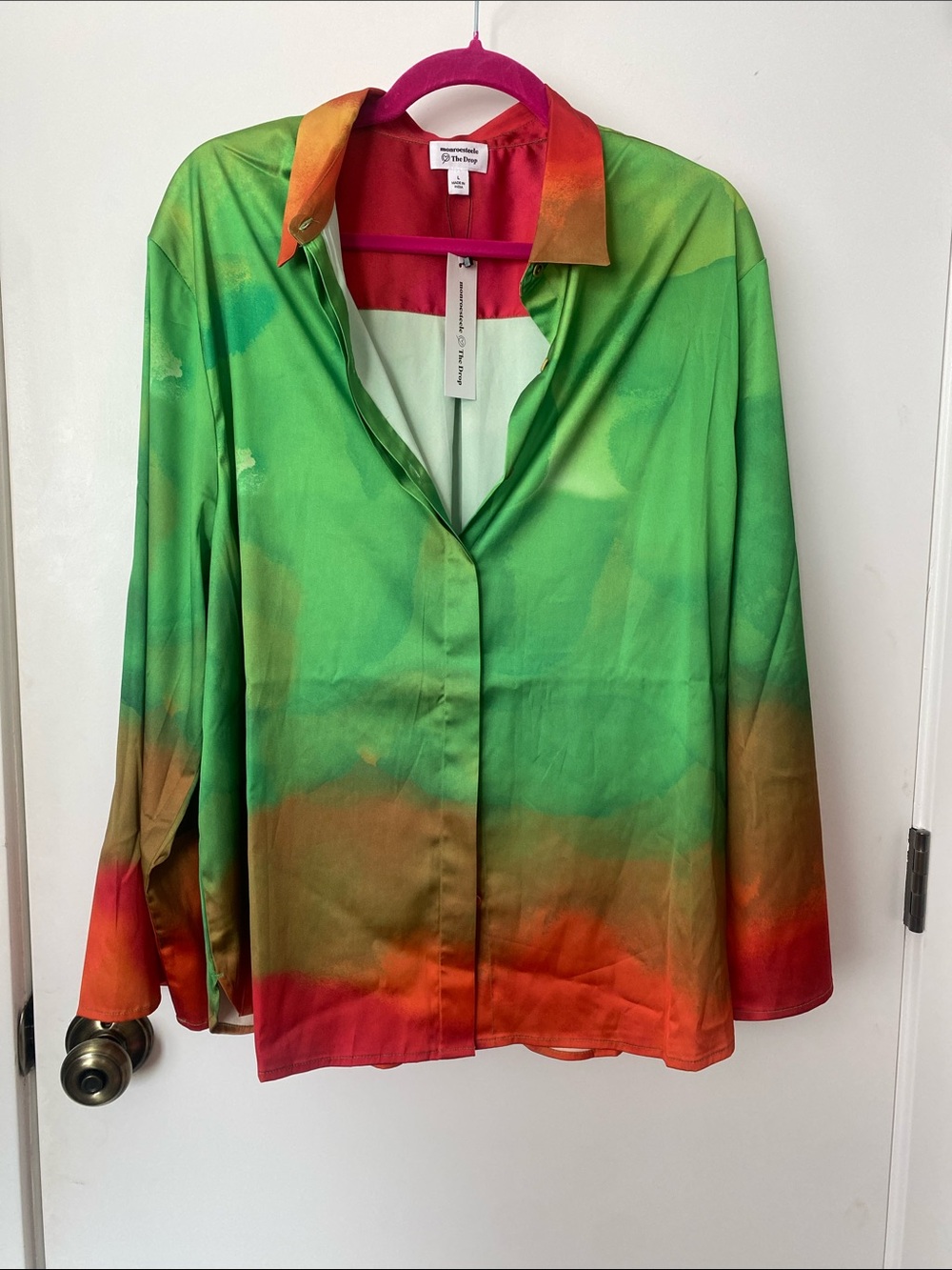 THE DROP Green Ombre Button-Down Shirt with Orange & Red Accents NWT!